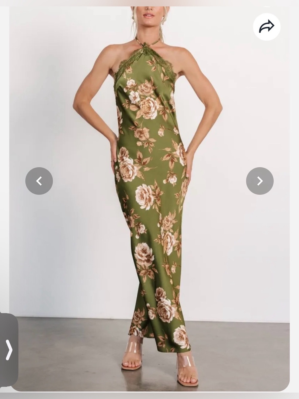 Blue Pepper Size L Olive Satin Floral Pencil Halter Maxi Dress